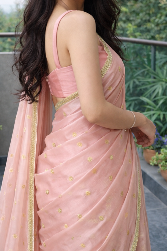 Pastel Pink Champagne Organza | Ready To Wear Saree