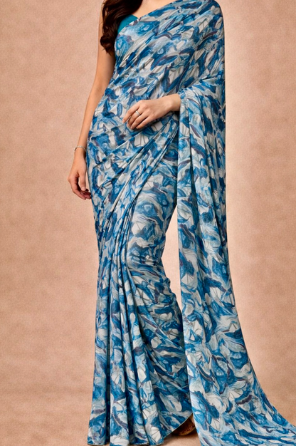 Blue Printed Georgette | Ready To Wear Saree