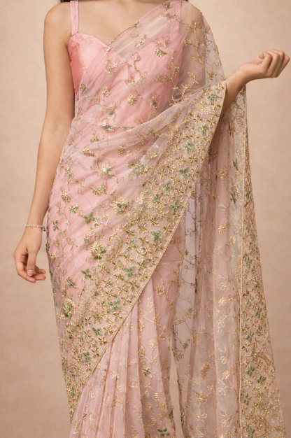 Pink Net Floral Embroidered | Ready To Wear Saree