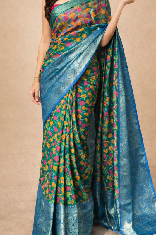 Green Floral Printed Organza | Ready To Wear Saree