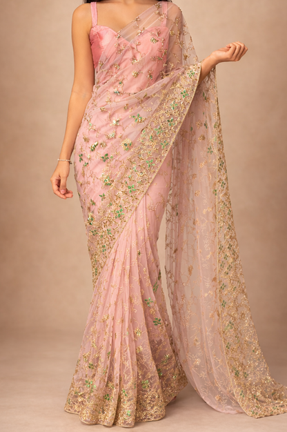 Pink Net Floral Embroidered | Ready To Wear Saree