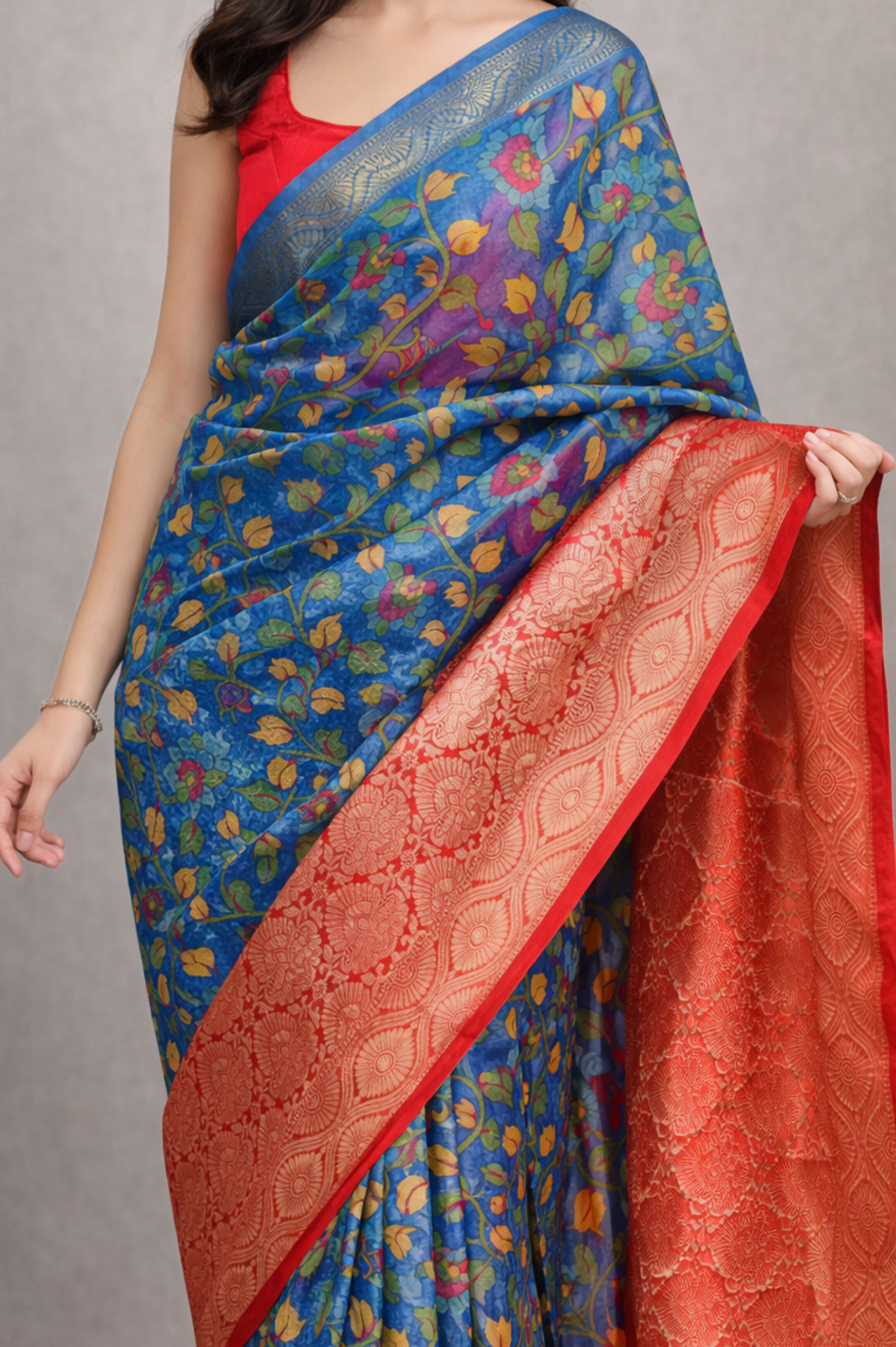 Blue Kalamkari Printed Organza | Ready To Wear Saree