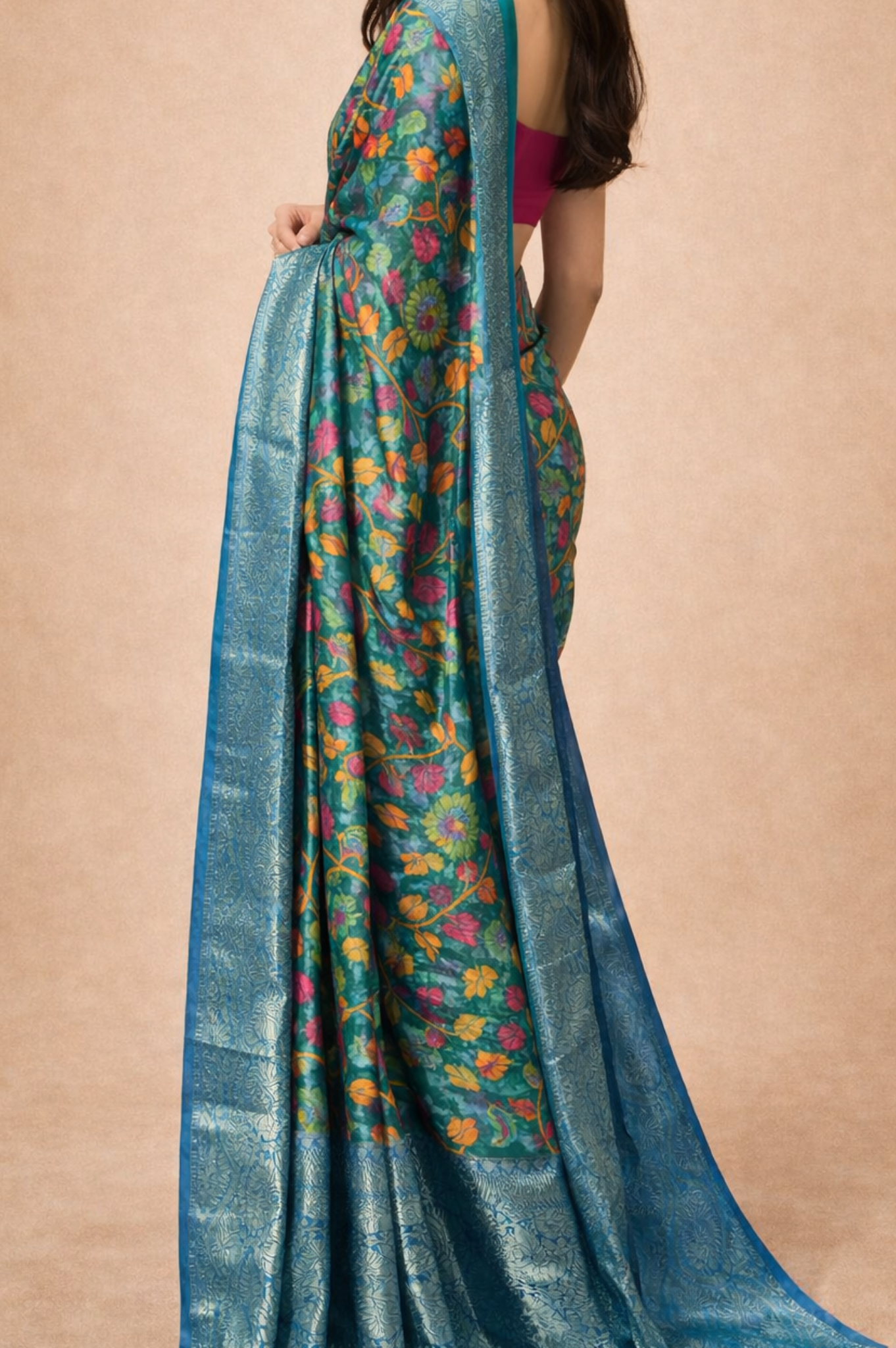 Green Floral Printed Organza | Ready To Wear Saree
