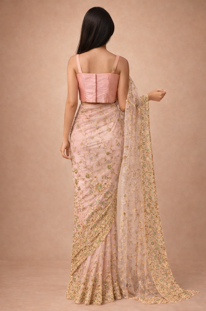 Pink Net Floral Embroidered | Ready To Wear Saree