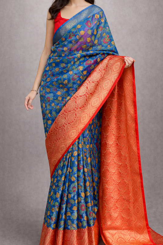 Blue Kalamkari Printed Organza | Ready To Wear Saree