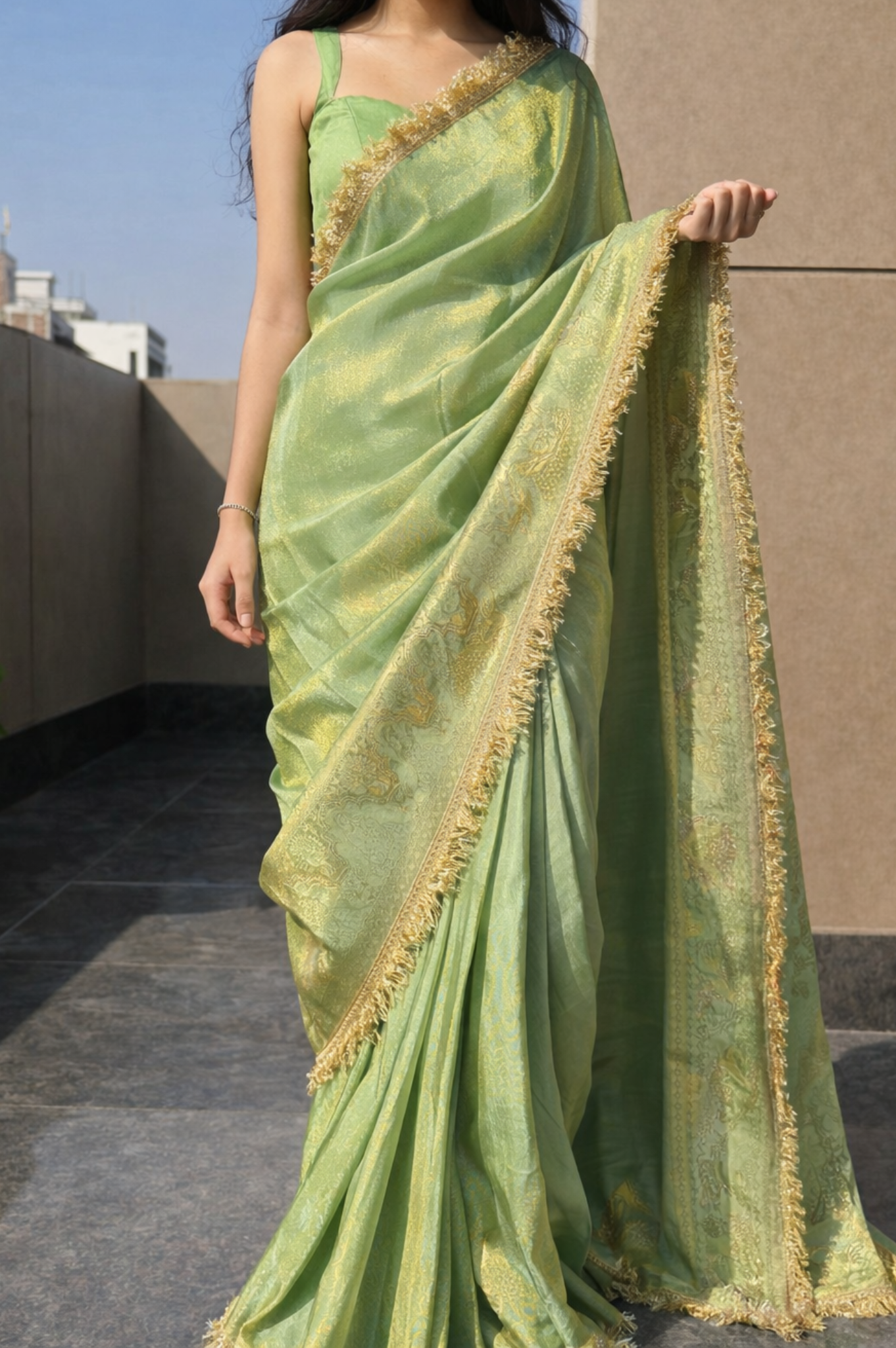 Banarasi Style Pistachio Green Tissue | Ready To Wear Saree