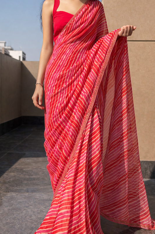 Pink Leheriya Pure Georgette | Ready To Wear Saree