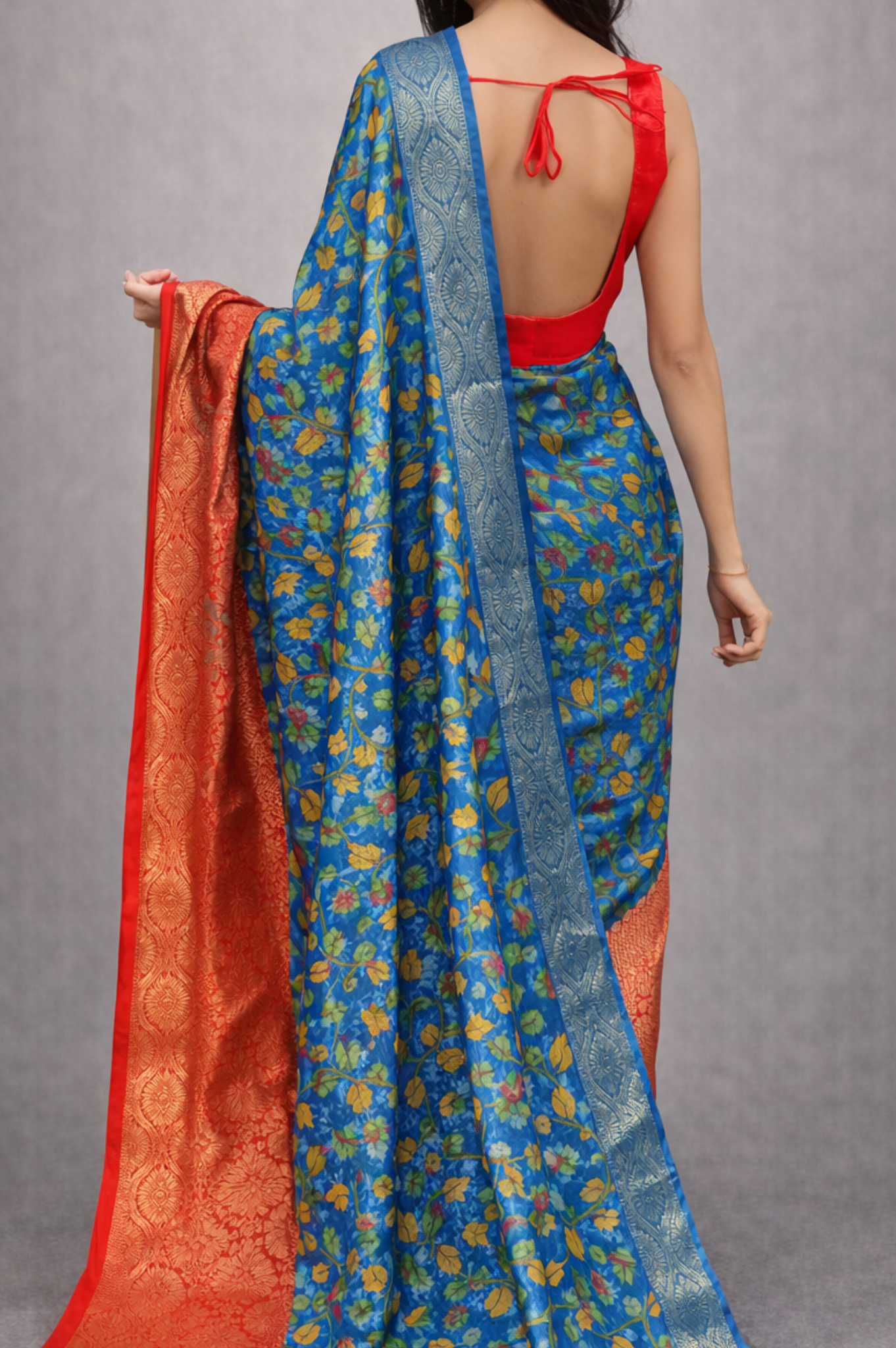 Blue Kalamkari Printed Organza | Ready To Wear Saree