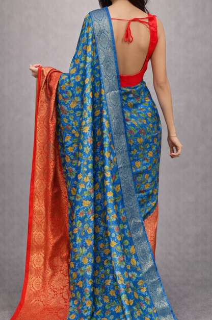 Blue Kalamkari Printed Organza | Ready To Wear Saree
